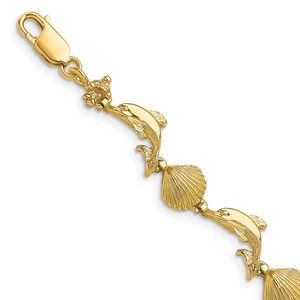 14k Yellow Gold Dolphin Nautical and Shell Charm Link Bracelet, 7.25 Inch Length
